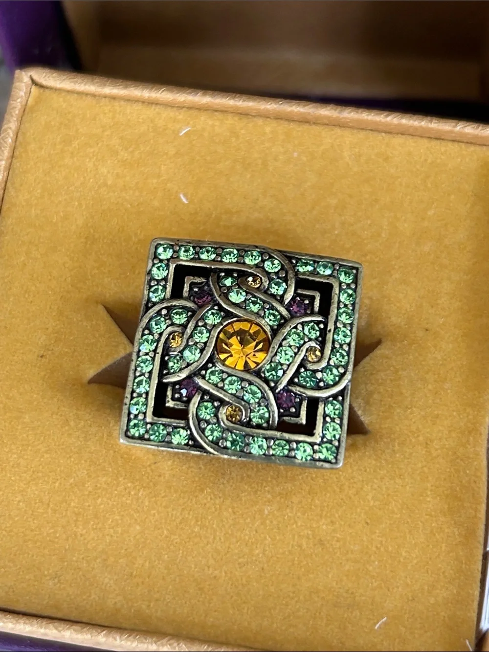 Celtic Knot Green Crystal Square Statement Ring with Amber Accent